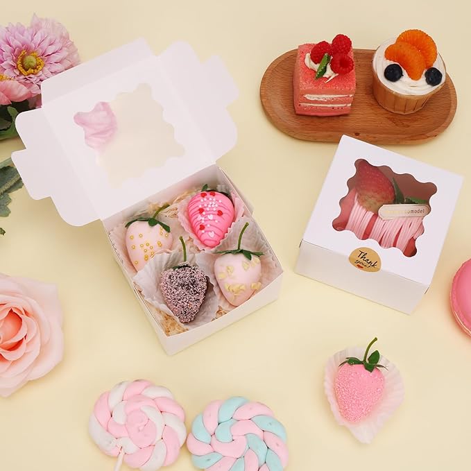 Moretoes Bakery Boxes with Window, 24pcs 4x4x2.5 Inches Bakery Boxes with Stickers for Small Cookies, Treats, Desserts, Chocolate Covered Strawberries, Mini Cake