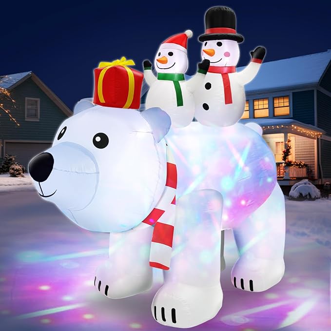6 Ft Tall 5.7 Ft Long Christmas Inflatable Snowman Couples on Polar Bear with Rotating RGB Color Lights Christmas Outdoor Decorations Blow Up Snowman Inflatables Xmas Decor Yard Holiday Garden