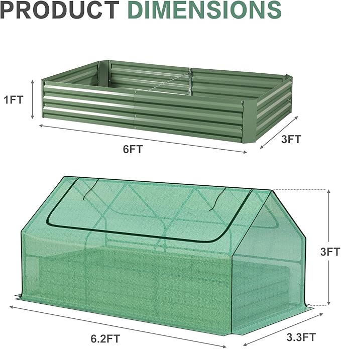 Aoodor 6ft. x 3ft. x 1ft. Raised Garden Metal Bed Mini Greenhouse Kit with 2 Roll-up Zipper Doors, for Vegetables Herbs and Flowers