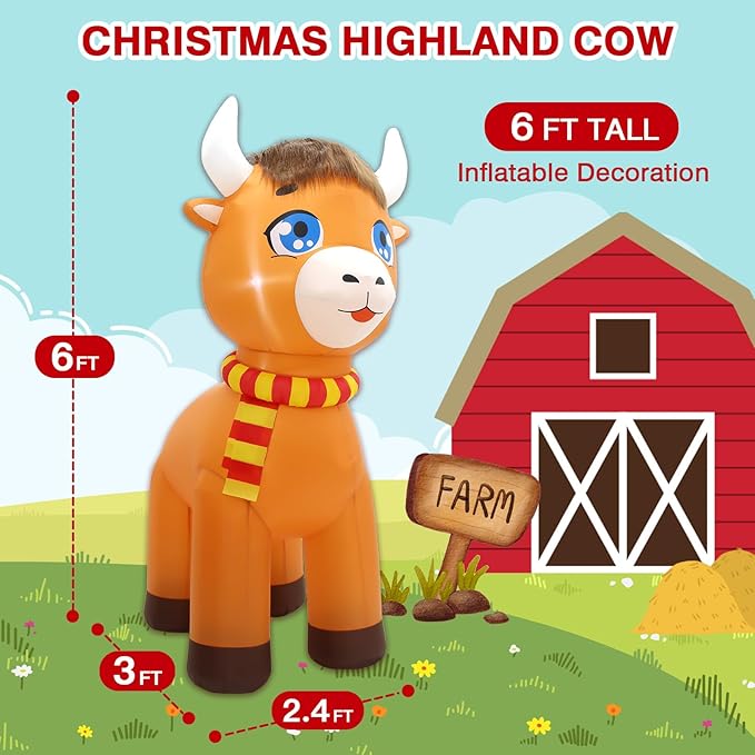 Christmas Inflatable Outdoor Decorations, 6FT Inflatables Highland Cow Spring Yard Decor, LED Lights Blow up Highlander Cattle Calf Holiday Decorations for Farm Ranch Indoor Outside Lawn Garden