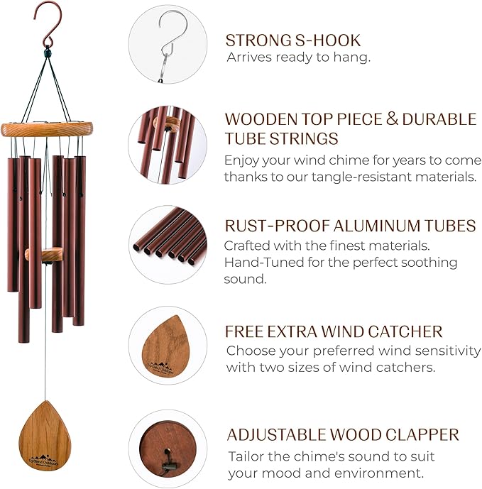 UpBlend Wind Chimes for Outside Gift – Deep Tone Wind Chime with Decorative Stone – Porch & Patio Decor, Elegant Outdoor Ornament, Garden Gifts. 28” Brown.