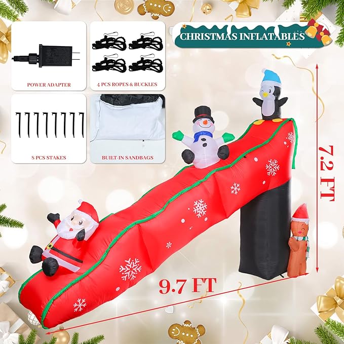 VCUTEKA Christmas Inflatables Outdoor Decorations, 9.7FT Snowy Slide with Santa, Snowman, Penguin, Gingerbread Man, Animated Christmas Inflatable Yard Decoration LED Lights for Holiday Lawn Garden