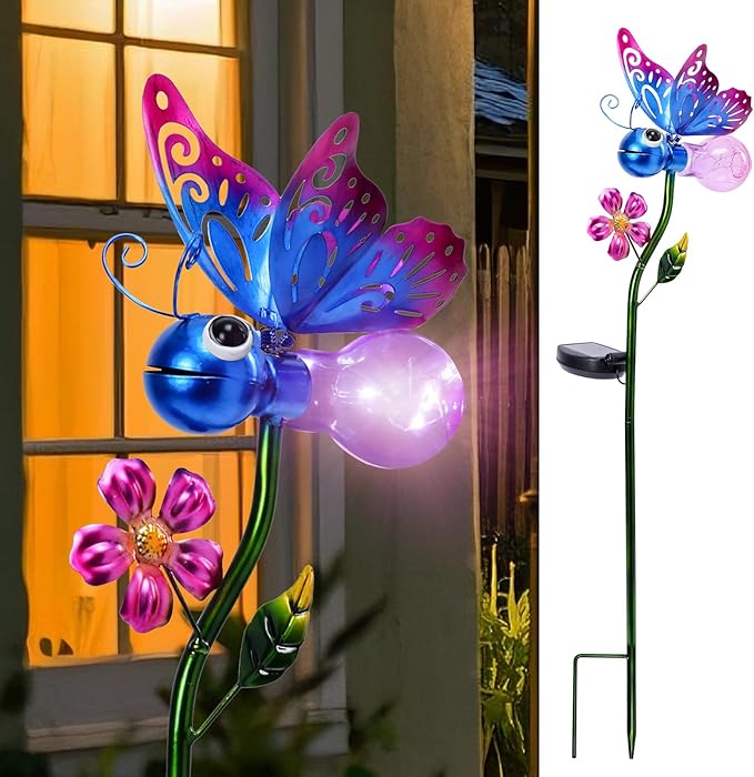 Afirst Decorative Solar Lights Outdoor Solar Butterfly Stake Lights Metal Decorative Garden Lights Outdoor Waterproof Stakes for Pathway Yard Lawn Decoration Mothers Day Mom Gifts