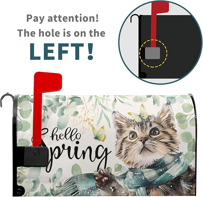Hello Spring Cat Magnetic Mailbox Cover 21"x18" Watercolor Sage Green Eucalyptus Leaf Kitten Butterfly Mailbox Wrap Post Cover Standard Size for Garden Yard Outdoor Outside Decor
