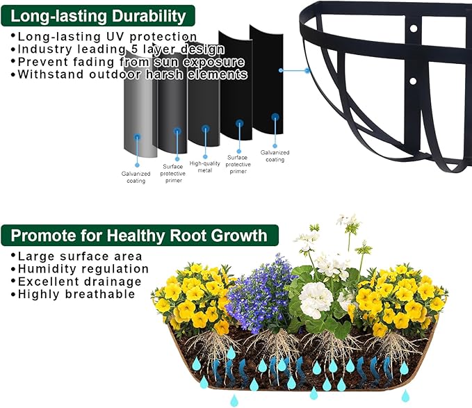 24'' Window Box Railing Planter with Coco Liner,2 Pack Horse Trough Planters Black Metal Hanging Flower Planters Basket for Porch Fence Patio Indoor Outdoor Lawn