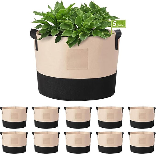 LITLANDSTAR 5 Gallon Fabric Grow Bags, 10 Pack Heavy Duty Thickened Nonwoven Plant Grow Bags with Handles and Label Bags, Fabric Plant Pots for Growing Vegetables Flowers Herbs (Black Mixed Camel)
