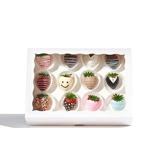 50PCS 10 x 7 x 2.5 inches One Piece White Bakery Boxes, Strawberry Boxes, Elegant White Cookie Boxes with Display Window