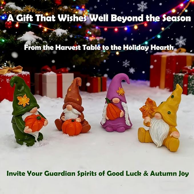 Set of 4 Guardian Gnome Figurines for Good Luck - Autumn Harvest with Pumpkins & Maple Leaf, Thanksgiving & Christmas Home Protection Decor, Farmhouse Centerpiece for Mantel
