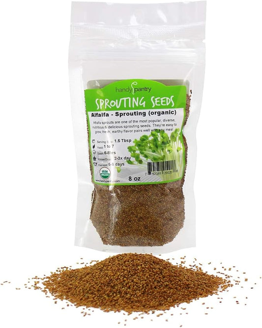 Certified Organic Alfalfa Sprouting Seed- 8 Oz - Handy Pantry Brand - High Sprout Germination- Edible Seeds, Gardening, Hydroponics, Growing Salad Sprouts, Planting, Food Storage & More