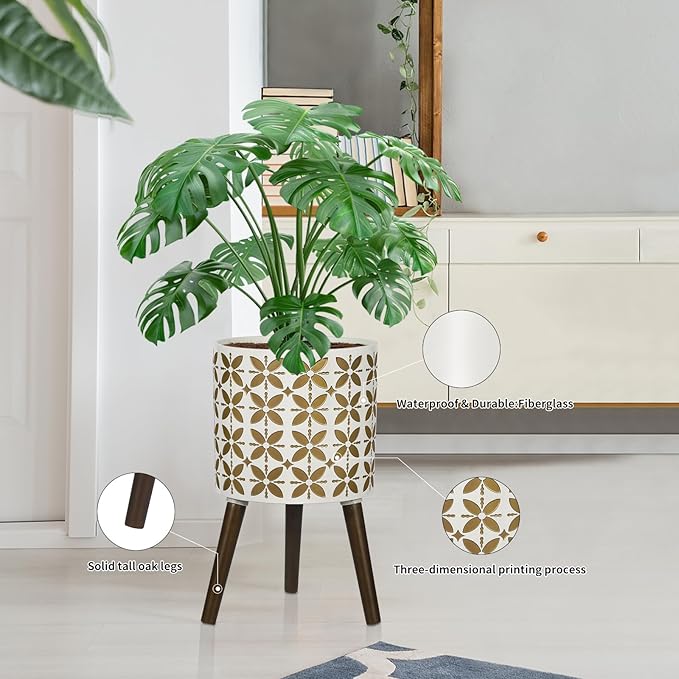 10 Inch Planter with Stand, Modern Plants Pot for Indoor Plants with Legs, Large Planter Pot with Drainage Holes for Outdoor,White/Gold