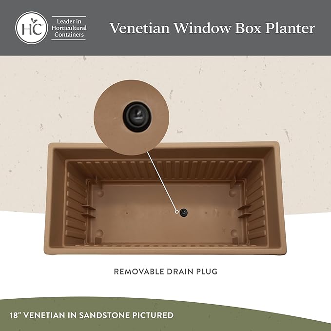 The HC Companies 30 Inch Venetian Window Planter Box with Drainage Plug, Lightweight UV-Resistant Plastic Outdoor Planters, 2-Pack Flower Box for Garden & Home Decor, Sandstone