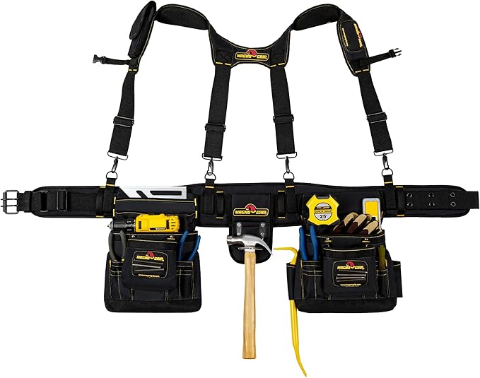 MagnoGrip 20-Pocket Builder’s Tool Rig with Magnetic Storage—Heavy-Duty 1680D Polyester Tool Belt with Padded Suspenders, Rivet Reinforced Stress Points, and Smartphone Holder, Fits Up to 52” Waist.
