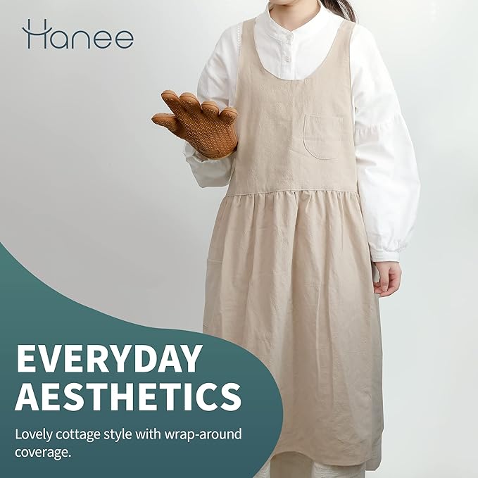 HANEE Cross Back Aprons for Women with Pockets | Japanese Style Cotton Apron | Cute Pinafore Smock for Kitchen etc (6 Colors)