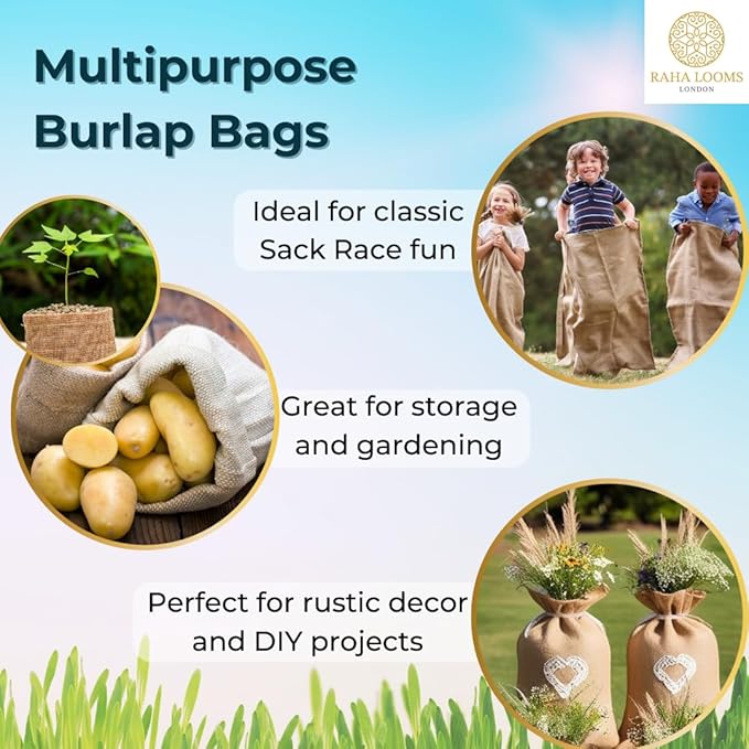 12 Potato Grow Bags : Premium Quality No Smell Extra Tough Potato Sack Race Bags Hacky Sack, Outdoor Games for Adults Burlap Outdoor Games for Kids costales para juegos de carreras