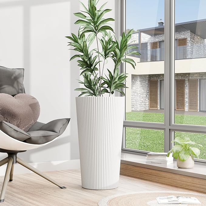 Tall Outdoor Planter Front Porch Decor Set of 2-23.6" H Tall Planters for Outdoor Plants with Drainage Hole, Round Conical Design Flower Pots for Indoor/Patio/Garden, White