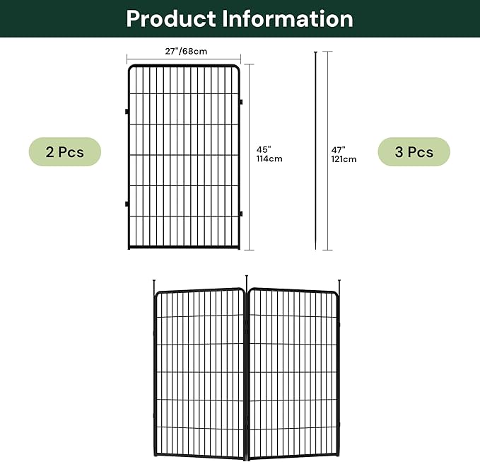 SunsGrove Garden Fence 45 in(H) x 4.5 ft(L) 2 Panels, Heavy Duty Metal Animal Barrier Fence for Dogs, Easy No-Dig Setup, Decorative Dog Fences, Black