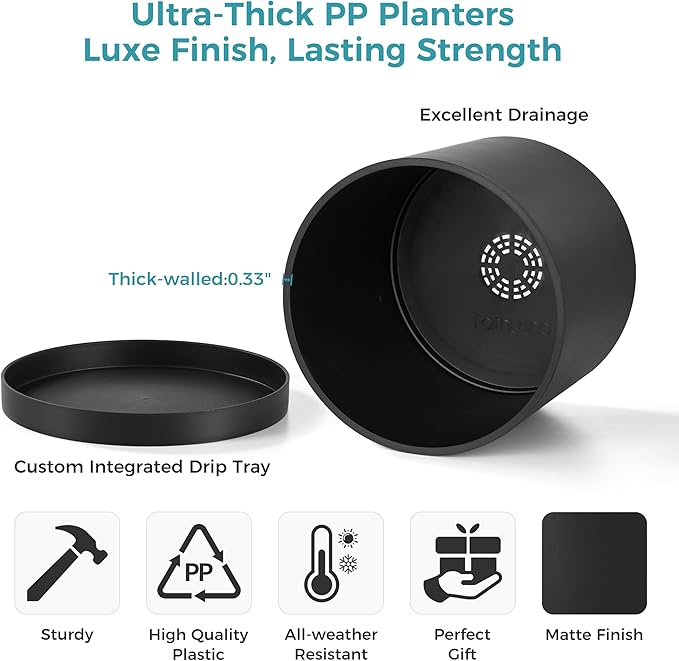 FaithLand 12-Inch Large Modern Cylinder Planter, Thick-Walled Plastic Plant Pot with Drainage Holes and Detachable Saucer, Matte Black, Ideal for Indoor & Outdoor Plants Flowers