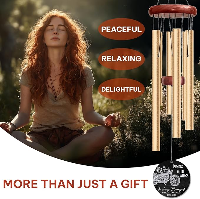 Personalized Motorcycle Memorial Wind Chime – “Riding with Wings” Custom Name & Years – Silver Engraved Biker Tribute – Outdoor Sympathy Gift – Memorial Windchimes for Loss of Loved One