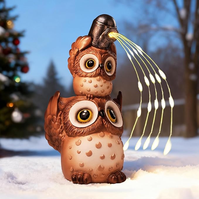 Solar Garden Statues Outdoor Decor, Watering Owl Statue Garden Decor, Resin Yard Decorations Outdoor for Patio, Porch, Balcony, Lawn Ornaments, House Warming Birthday Gifts for Mom Women Grandma