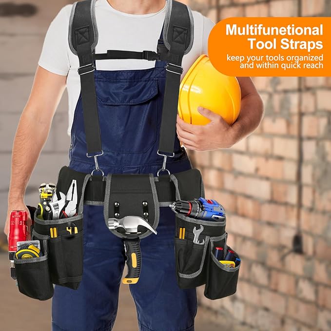 Tool Belt with Suspenders, Professional Tool Belt for Men, 18-Pocket Adjustable Heavy Duty Tool Organizer for Electrician, Carpenter, Framer, Construction Worker, Black & Blue (32''–66'')