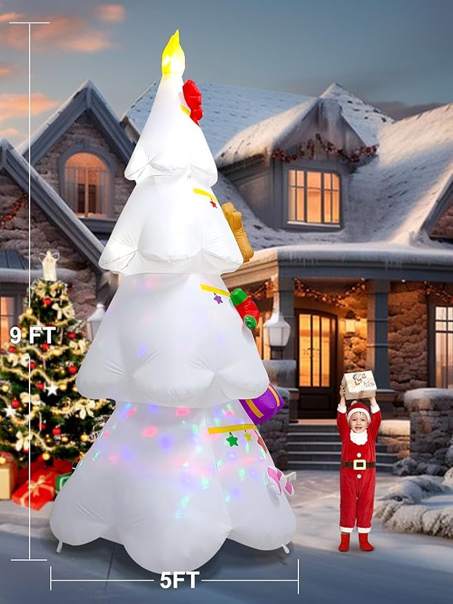 EBANKU 9 FT Christmas Inflatable Xmas Tree Outdoor Decorations, Blow Up Yard Decoration Christmas Tree with Star Gingerbread Man, Build in LEDs, Colorful Rotating Light for Holiday Indoor Garden Lawn
