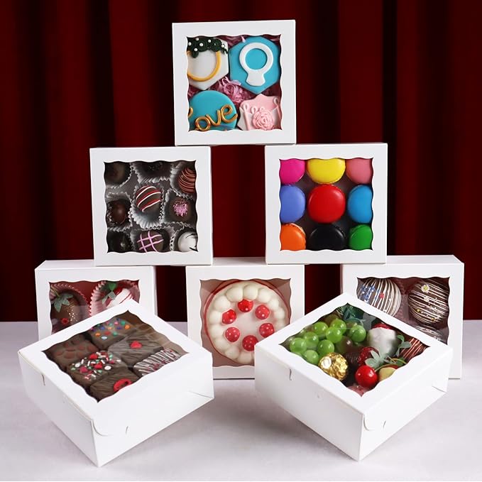 55pcs 6"x6"x2.5" Bakery Boxes with Window -Chocolate Covered Strawberries, Small Cake, Cookie, Macaron, Pie & Cakesickle Truffle Chocolate Boxes