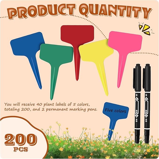 200Pcs Plant Labels Waterproof Plastic Garden Labels T-Type Flower Name Tags Seedling Marker Nursery Plant Tags with Permanent Marking Pen for Flowers Agriculture Horticulture (5 Color)
