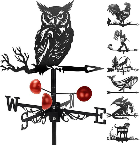 Custom Metal Weathervane Personalized Steel Wind Indicator with Name Outdoor Decor for Roof Garden Barn Patio-Owl