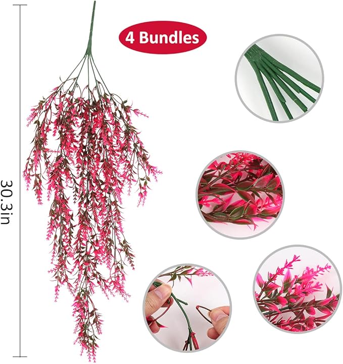 RECUTMS Artificial Hanging Plants Fake Hanging Lavender Faux UV Resistant Flowers Indoor Outside Hanging Decorations,4 Packs (Pink)