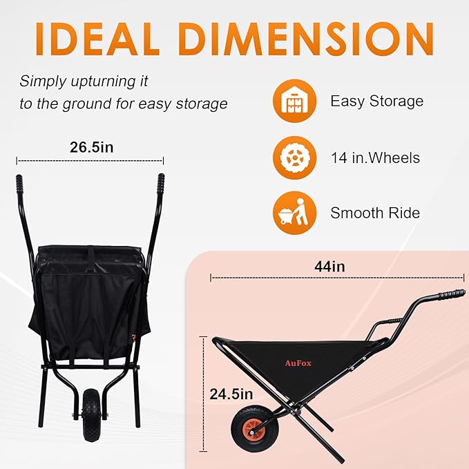 Collapsible Wheelbarrow, Foldable Yard Cart - Easy Loading & Dumping Garden Cart with Thickened Oxford Cloth for Nutrient Soil, Grass, Leaves & Garden Supplies