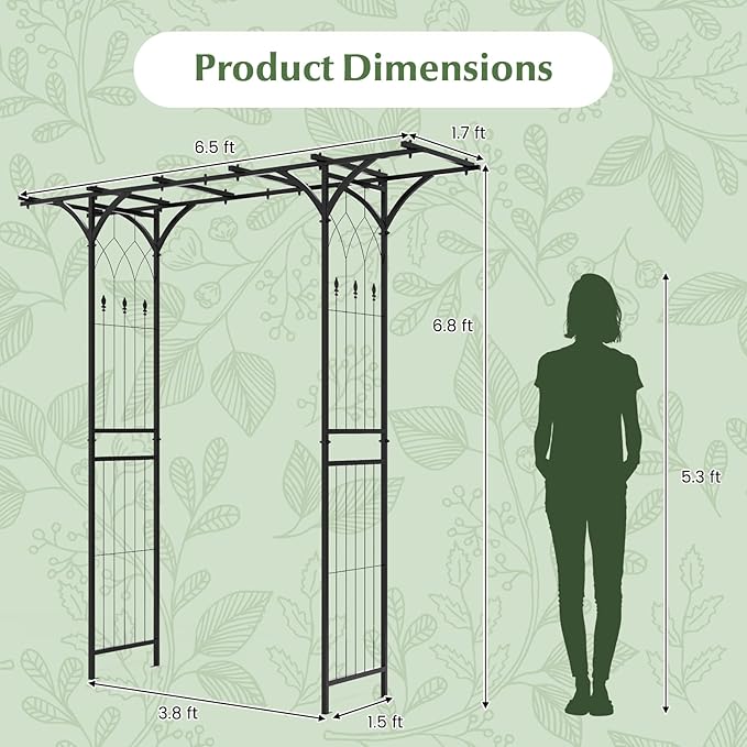 LDAILY Wedding Arch, 6.8FT Rustproof Metal Garden Arbor with Extended Roof & 4 Stakes, Outdoor Plant Support for Vines Roses, Decorative Trellis for Climbing Plants Outdoor for Lawn Wedding Ceremony