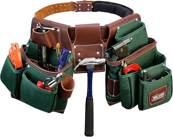Leather & Nylon Tool Belt for Men – Heavy Duty 22-Pocket Framer’s Tool Bag for Carpenters & Electricians (Green, One Size)