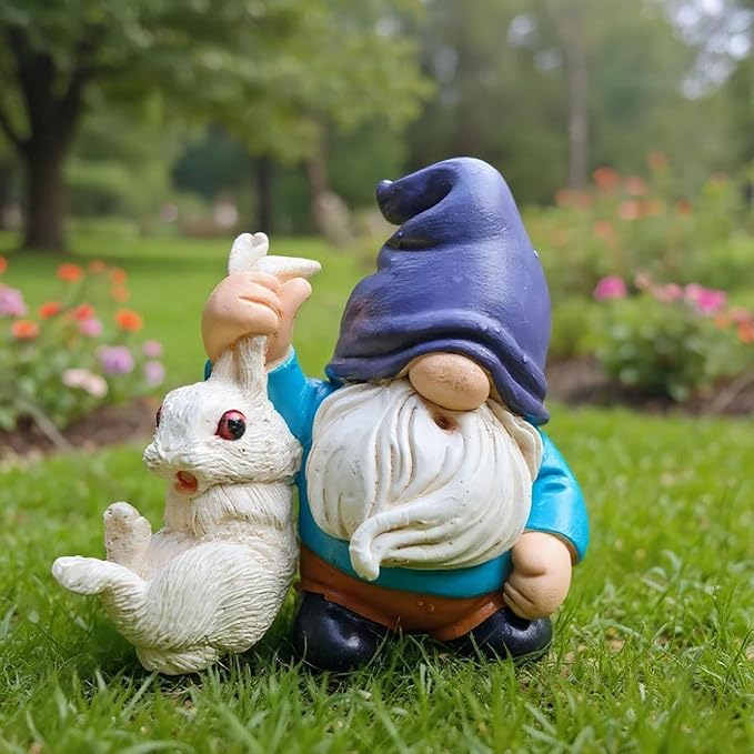 Funny Garden Gnomes with Rabbit Outdoor Statues Gnomes Decorations for Yard Lawn Patio Fairy Garden Figurines Plant Decorations for Pots, Novelty Gifts