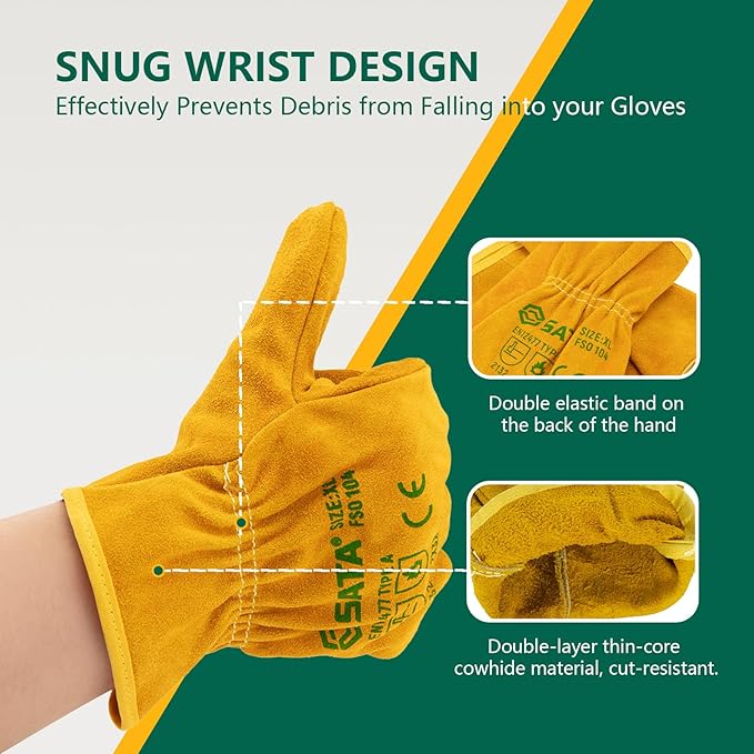 SATA 1 Pack Full Leather Gloves, Mechanics Work Gloves, Cow Split Thin Core Leather, Oil Proof Cut Proof Gardening Gloves