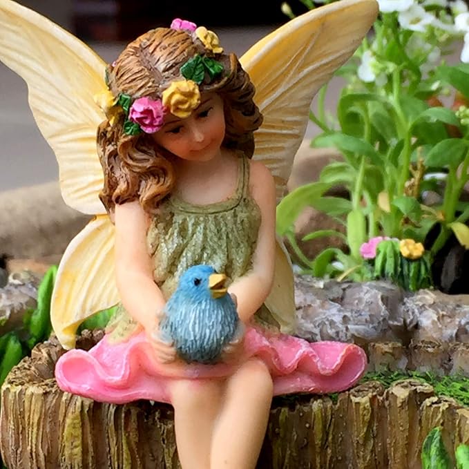 PRETMANNS Fairy Garden Fairies – Cute Accessories for Indoor or Outdoor Miniature Garden - Figurine Vicky on a Decorated Log – 2 Items