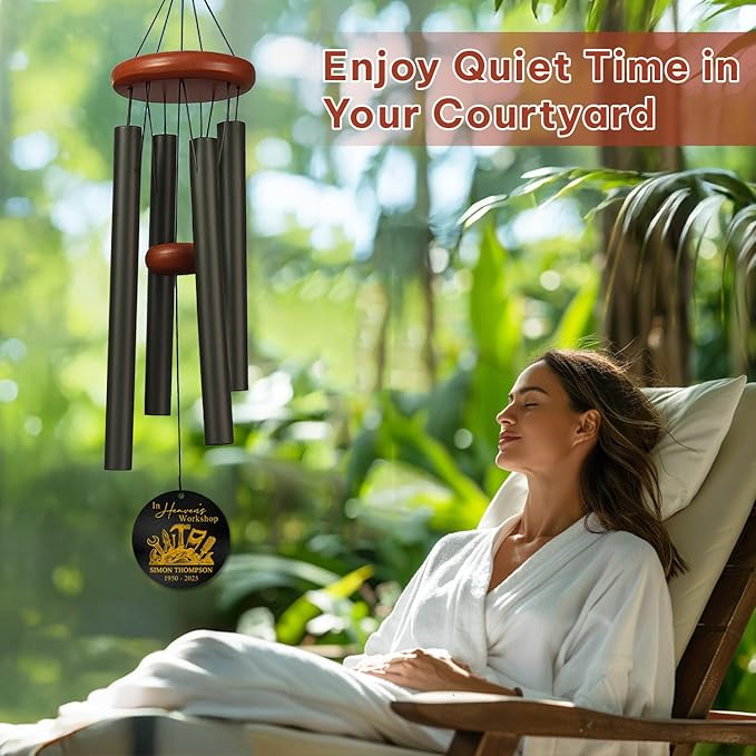 Personalized Craftsman Memorial Wind Chime – “in Heaven’s Workshop” Custom Name & Years – White Engraved Outdoor Sympathy Gift for Loss of Loved One – Carpenter Mechanic Remembrance Windchime