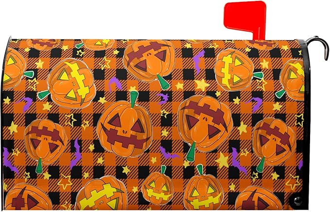Halloween Mailbox Cover Magnetic Standard Size 25.5x21 Inch Spooky Pumpkins Bats Mailbox Wrap Letter Post Cover with Black Orange Buffalo Plaids for Yard Garden Home Outdoor Decor
