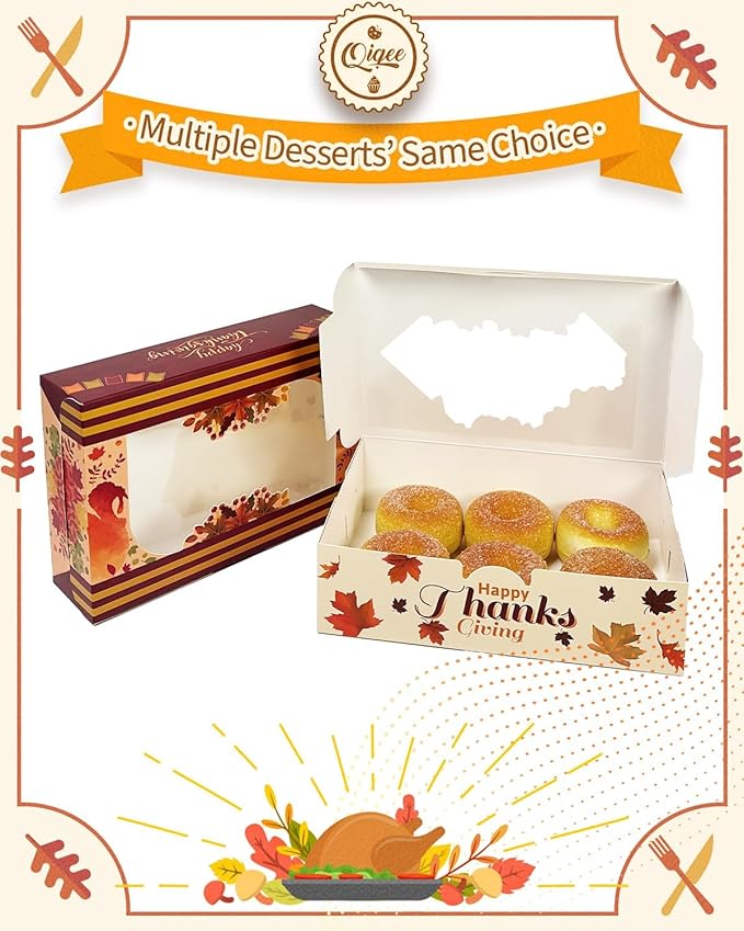 qiqee Thanksgiving Cookie Box with Window 9x6x2.5 inch 50Pcs Pastry Macaron Thanksgiving Leaves Bakery Box For Thanksgiving Day