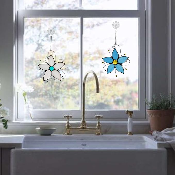 Stained Glass Window Hanging Flower Ornaments,Forget Me Not Blue Flower Suncatcher for Window, Home Decor of Living Room, Gift for Women Valentine's Day & Birthday & Christmas.