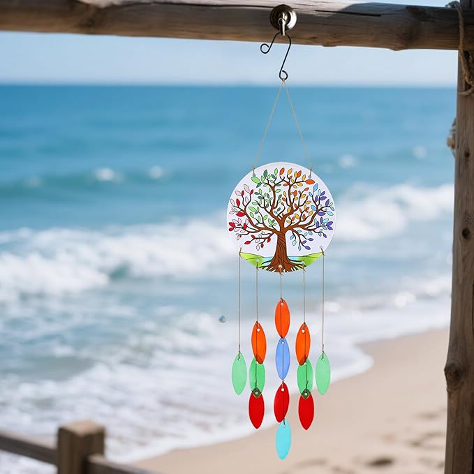 Tree of Life Glass Wind Chimes for Outside, Fall Leaves Windchimes Outdoors Unique Suncatcher, Small Sea Glass Art Wind Chimes Outdoor Gifts for Women, Hanging Outdoor Garden Christmas Decoration Gift
