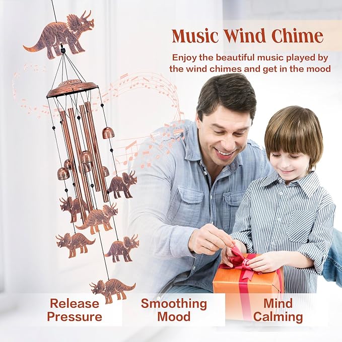 Dinosaur Wind Chimes Outdoor Dinosaur Gifts for Women Men Mom Dad Birthday Unique Gardening Gifts Metal WindChimes for Outside/Indoors, Lawn, Patio, Home, Yard Decor, Garden Decorations