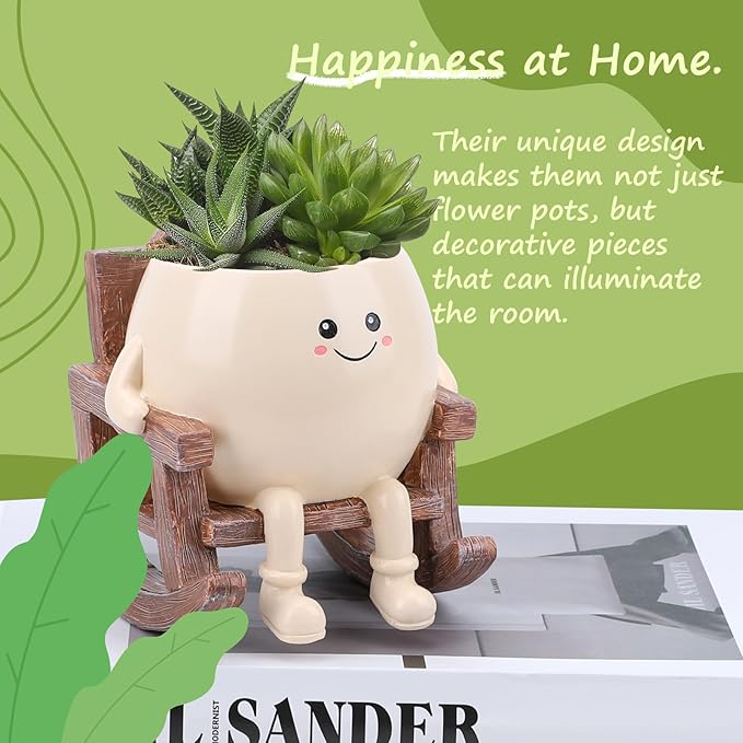 Smily Face Planter Pot, Cute Resin Flower Head Planters for Indoor Outdoor, Unique Sitting Rocking Chairs Succulent Pots, Cute Plant Gifts for Plant Lovers