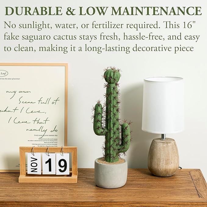 MyGift 16 Inch Artificial Fake Cactus Saguaro Plant in Cement Planter Pot, Southwest Decor Indoor Faux House Plant