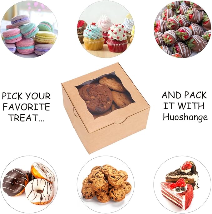 Cookie Boxes with Window 4.5x4.5x3 Inch-50 Pack Premium&Oil Resistant,Brown Bakery Box,Mini Treat Boxes for Mini Bundt Cake and Individual Cheesecakes
