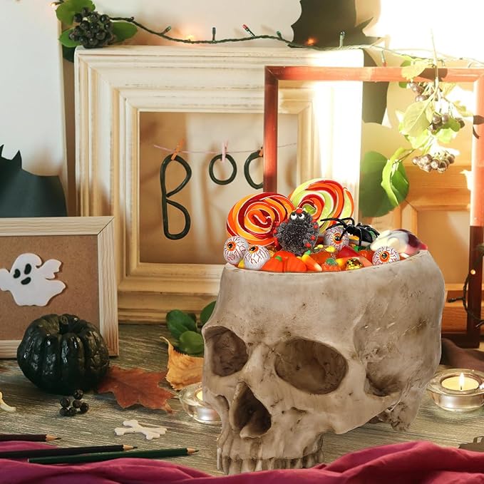 Skull Planter Pot for Plants - Realistic Human Skull Head Flower Pot, Halloween/Gothic Décor, Resin Planter for Succulents, Bonsai, Cactus, Home Bar, Desk, Spooky Gift Idea(Beige)