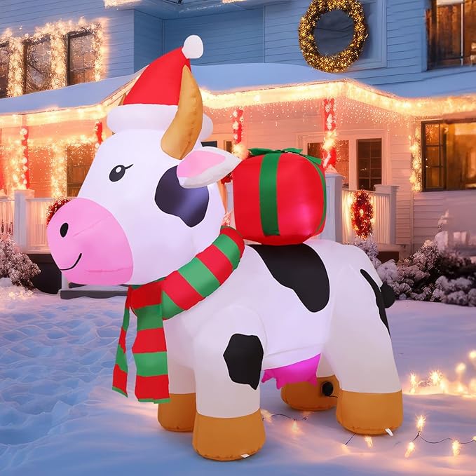 COMIN 5.9 FT Christmas Inflatables Outdoor Decorations Inflatable Cow with LEDs,Quick Blow Up with Built-in LEDs for Yard Party Lawn Decor