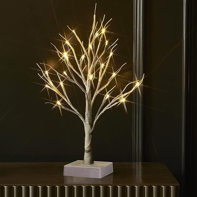 Fudios Lighted Birch Tree with Timer Battery Operated 18in Home Decor Tabletop, Pre lit Artificial Birch Trees with 24 LED for Wedding Christmas Party