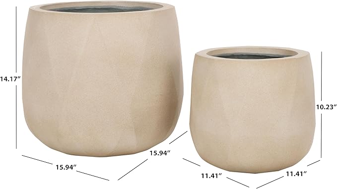SAFAVIEH Outdoor Collection Kane Beige Cement Ficonstone Planter Pot Set of 2