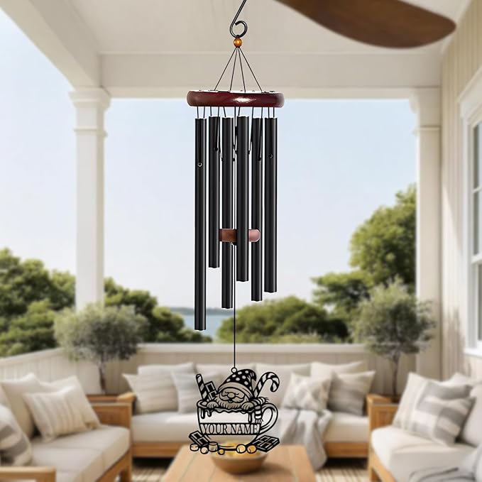 Personalized Customize Name Gnome Wind Chime, Metal Iron 37 Inch Outdoor Memorial Gift for Garden Yard Patio Home Decor, Black，Christmas (Style D)