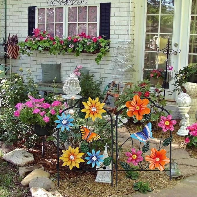 hogardeck Garden Decor for Outside, Set of 2 Metal Fence Decorative Garden Stakes with Flowers for Spring Decor, Yard Signs for Outdoor Patio Lawn Backyard Porch Decorations